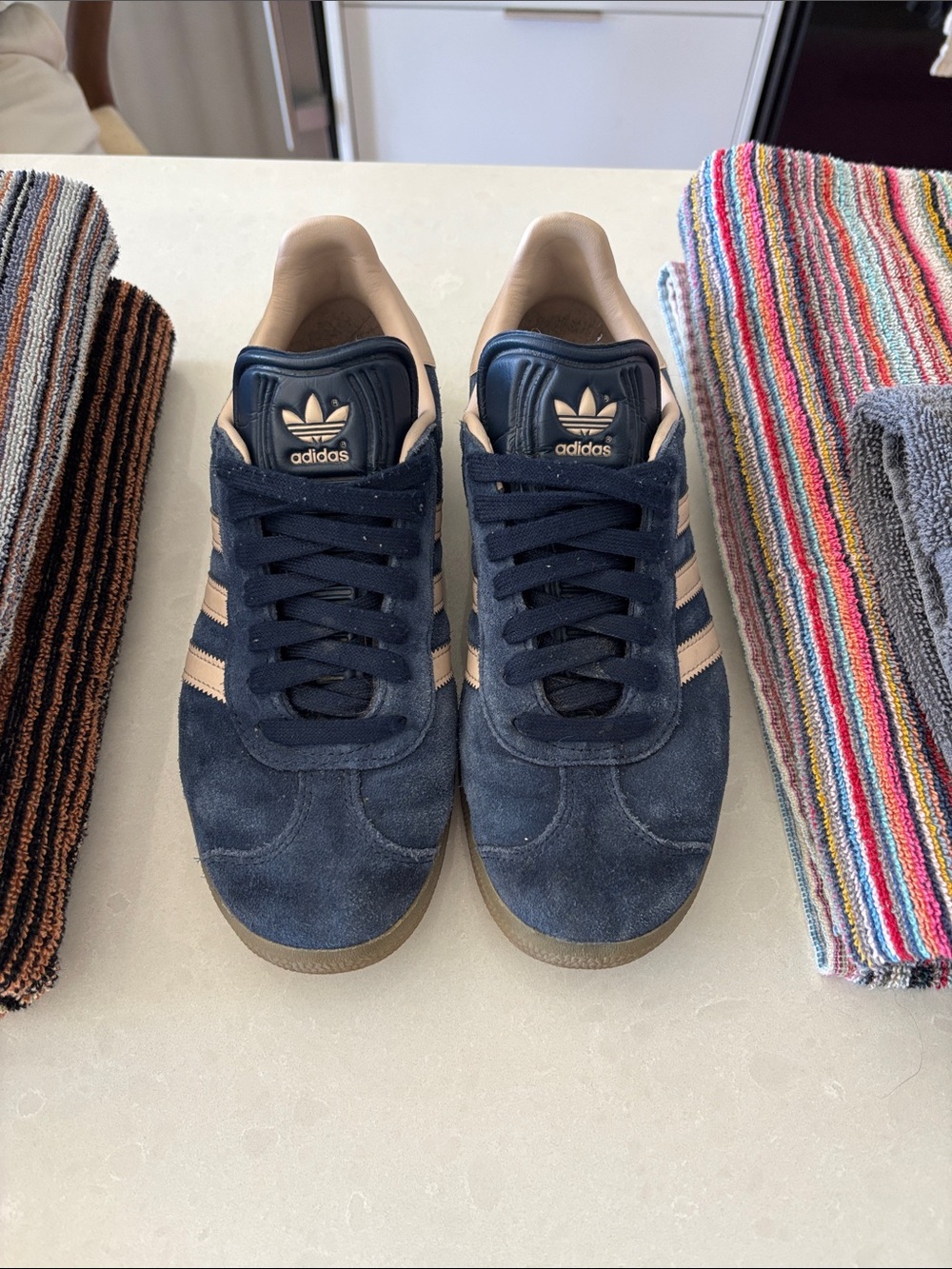 Adidas Gazelle. Navy Suede Sneakers with Tan Stripes